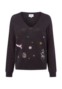 Dunkelgrauer Strickpullover mit V-Ausschnitt, verziert mit bunten, bestickten Motiven von Vögeln, Blumen, Sternen und einem Pferd. Gerippte Bündchen und Saum.