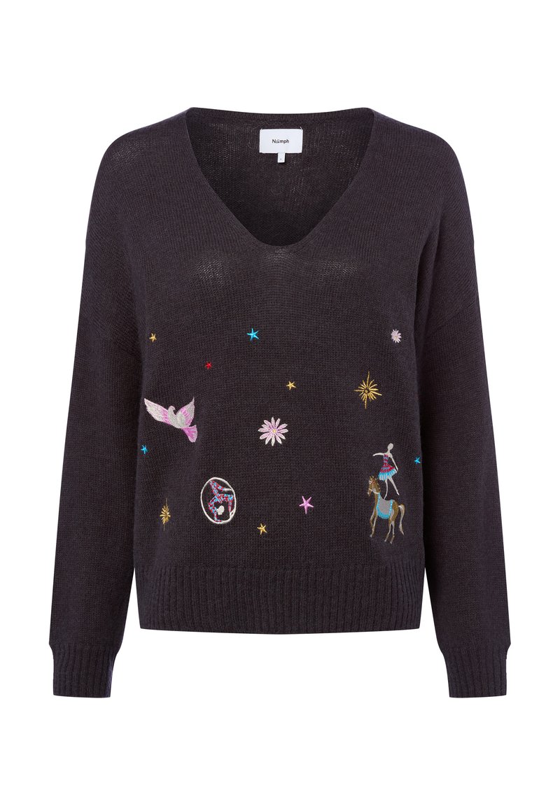 Dunkelgrauer Strickpullover mit V-Ausschnitt, verziert mit bunten, bestickten Motiven von Vögeln, Blumen, Sternen und einem Pferd. Gerippte Bündchen und Saum.