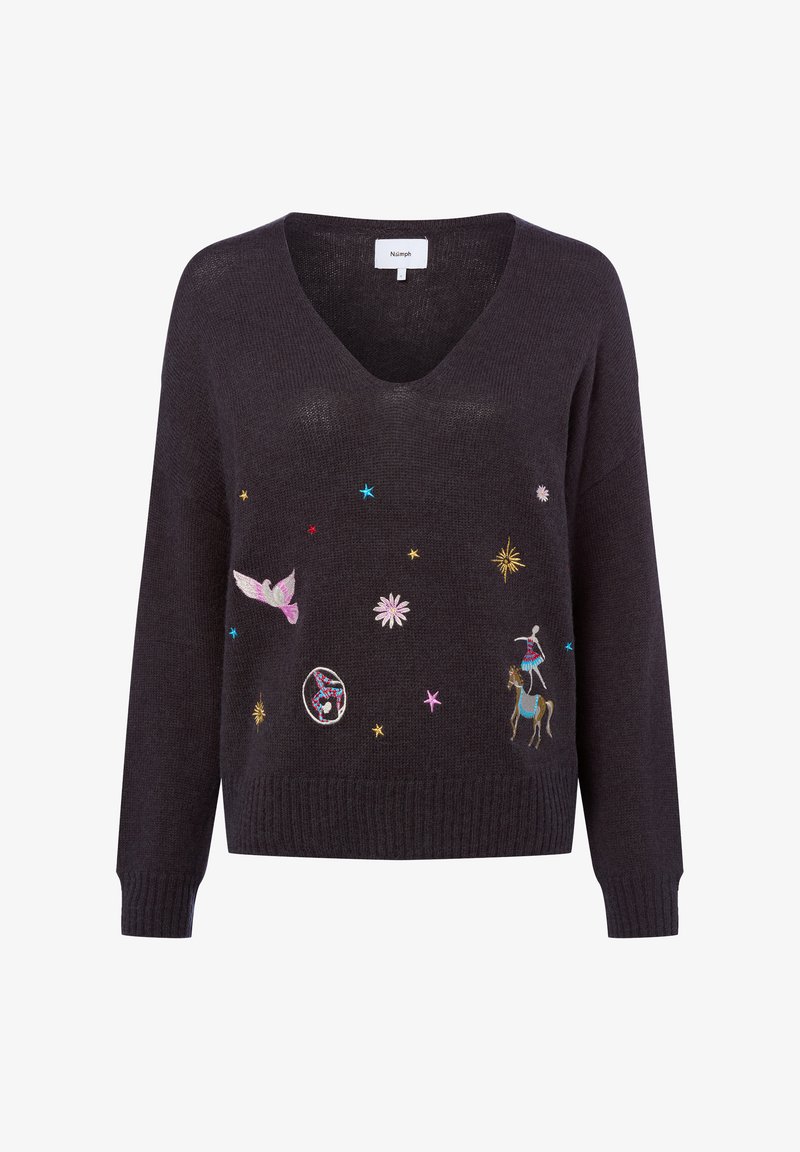 Dunkelgrauer Strickpullover mit V-Ausschnitt, verziert mit bunten, bestickten Motiven von Vögeln, Blumen, Sternen und einem Pferd. Gerippte Bündchen und Saum.