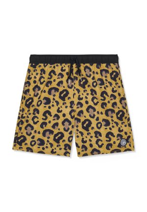 Shorts de bain imprimé léopard avec taille élastique noire et cordon de serrage, comportant un petit logo circulaire sur la jambe droite inférieure.