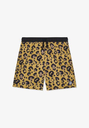 Shorts de bain imprimé léopard avec taille élastique noire et cordon de serrage, comportant un petit logo circulaire sur la jambe droite inférieure.