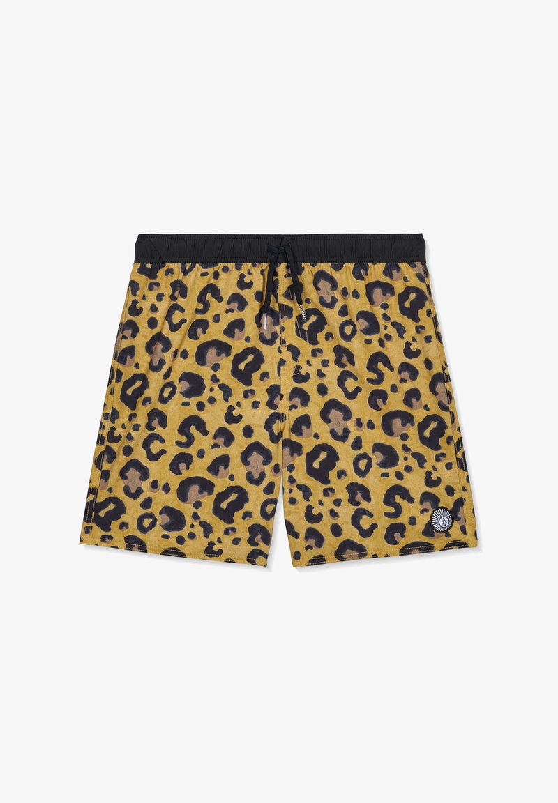 Shorts de bain imprimé léopard avec taille élastique noire et cordon de serrage, comportant un petit logo circulaire sur la jambe droite inférieure.