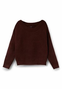 Suéter de punto burdeos con un escote amplio, mangas largas y un ajuste relajado. Tejido texturizado, longitud corta y puños acanalados.