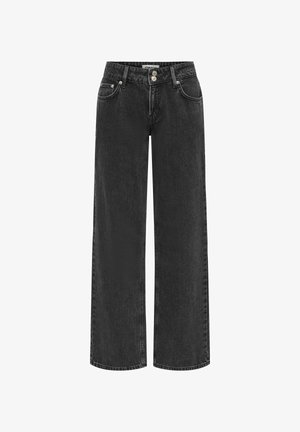 Jean noir taille haute à jambes larges avec fermeture à boutons sur le devant, passants de ceinture et design à cinq poches sur fond blanc.