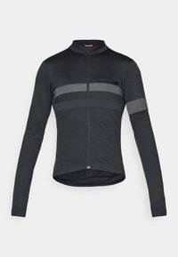 Black long-sleeve cycling jersey with a zip front, featuring reflective gray stripes and a textured panel. Made from a smooth, stretchy fabric.