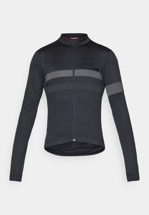 Černý cyklistický dres s dlouhým rukávem a zipem vpředu, s reflexními šedými pruhy a texturovanou panelem. Vyrobeno z hladké, elastické tkaniny.