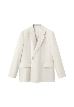 Vanilasti dvoredni sako s reverima s izrezom, dva prednja džepa s preklopom i dugim rukavima, prikazan na bijeloj pozadini.