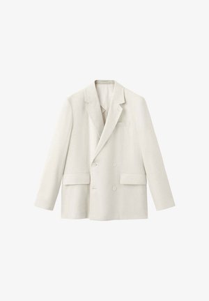 Vanilasti dvoredni sako s reverima s izrezom, dva prednja džepa s preklopom i dugim rukavima, prikazan na bijeloj pozadini.