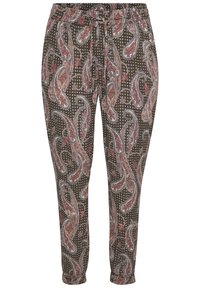 Pantalon ample à motif cachemire vert foncé, avec des accents rouges et blancs, taille élastique et ourlet retroussé.
