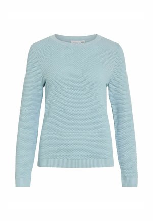 Light blue knitted sweater with long sleeves, round neckline, textured pattern, and ribbed cuffs and hem.