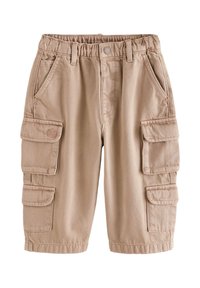 Beige cargoshorts gemaakt van een katoenmix, voorzien van een elastische tailleband, zijzakken en cargozakken, met een rechte pasvorm en gestikte details.