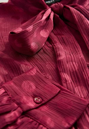 Bordeauxfarbige Bluse aus strukturiertem Stoff, mit gebundenem Kragen, vertikalen Falten und großen Punktemustern; enthält ein Detail mit knöpfbarem Ärmel.