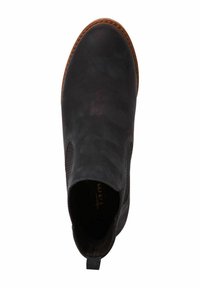 Botine negre din piele cu talpa gumoasă, cu panouri elastice pe laterale, vârf rotunjit. Design minimalist, fără accesorii sau elemente vizibile.