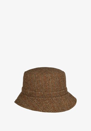 Brauner und oranger Woll-Bucket-Hut mit Fischgrätenmuster und einer kurzen, nach unten geneigten Krempe.