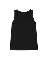 Černý top bez rukávů vyrobený z měkké látky s kulatým výstřihem a širokými ramínky. Jednoduchý design, bez viditelných vzorů nebo akcentů.