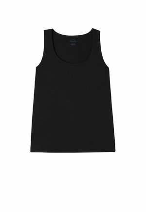 Zwarte tanktop van zachte stof met een ronde halslijn en brede schouderbanden. Eenvoudig ontwerp, zonder zichtbaar patroon of accenten.