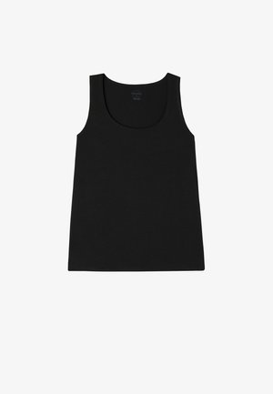 Zwarte tanktop van zachte stof met een ronde halslijn en brede schouderbanden. Eenvoudig ontwerp, zonder zichtbaar patroon of accenten.