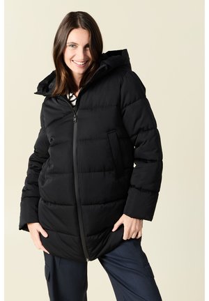 Black puffer jacket with a hood, featuring a zip front, quilted pattern, and side pockets. Soft, padded fabric with a relaxed fit.