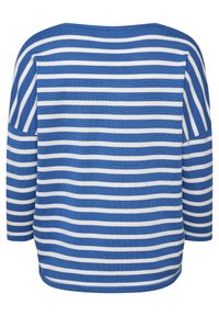 Modrý a bílý pruhovaný top s dlouhým rukávem. Měkká látka, design s lodním výstřihem, volný střih s horizontálními pruhy různé šířky.