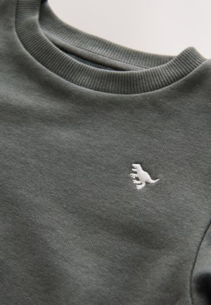 Donkergroene trui met ronde hals, voorzien van geribde kraag en manchetten, gemaakt van zacht materiaal; klein wit dinosaurusborduursel op de borst.