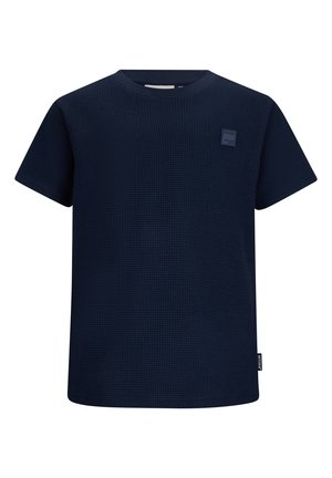 Marineblaues, kurzärmeliges Waffelstrick-T-Shirt mit Rundhalsausschnitt und kleinem rechteckigem Logo-Patch auf der Brust.