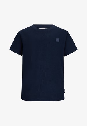T-shirt blu navy a maniche corte in tessuto waffle con scollo girocollo e piccolo patch rettangolare con logo sul petto.