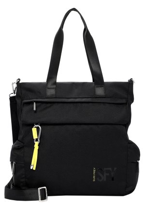 Schwarze, strukturierte Tragetasche mit doppelten Griffen, vorderer Reißverschlusstasche, gelbem Reißverschlussanhänger, Seitentaschen und verstellbarem Schultergurt.