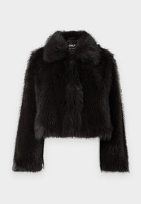 Chaqueta corta de piel sintética negra con collar, mangas largas y un acabado suave y texturizado. Presenta un cierre frontal oculto para un look elegante.