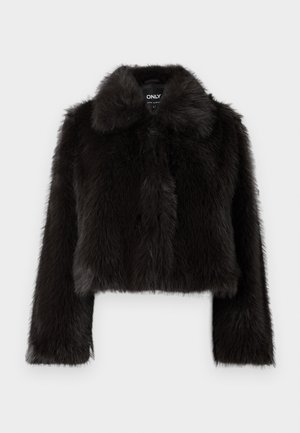 Giacca corta in pelliccia sintetica nera con colletto, maniche lunghe e una finitura morbida e strutturata. Presenta una chiusura frontale nascosta per un aspetto elegante.