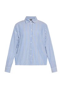 Blauw-witte gestreepte overhemd met lange mouwen, voorzien van een kraag en een subtiele stoftextuur. Rechte snit, zonder extra details.