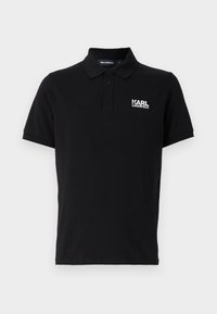 Zwarte polo van katoen met een drie-knopen sluiting. Heeft een wit "KARL LAGERFELD" logo op de linkerborst. Korte mouwen.