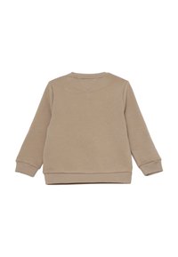 Felpa beige a maniche lunghe con scollo rotondo, polsini e orlo a coste, vista da dietro su sfondo bianco.