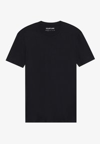 Black cotton t-shirt with short sleeves and a crew neck. Label visible inside the collar displaying brand name. No patterns or graphics.
