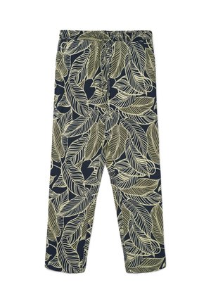 Pantaloni larghi blu navy con grandi motivi di foglie tropicali in verde oliva e beige e vita con coulisse.