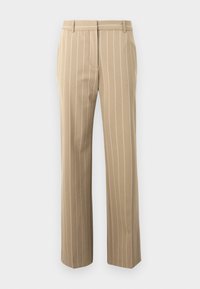 Beige trousers with a tailored fit, featuring vertical white pinstripes, smooth texture, belt loops, and two front pockets.