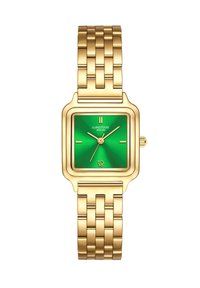 Kuldtonise käekell ruudukujulise rohelise kellapinnaga, millel on kuldsed käed ja markerid, tekstuuriga metalne rihm ning logo detail allosas.