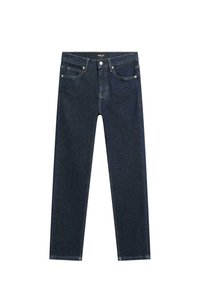 Jeans in denim blu scuro con vestibilità a gamba dritta, dotati di cinque tasche, chiusura con bottone e zip, e cuciture a contrasto.
