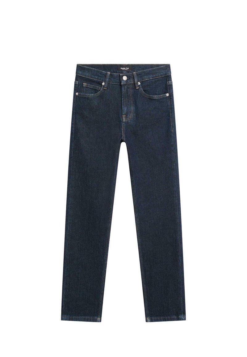 Jeans in denim blu scuro con vestibilità a gamba dritta, dotati di cinque tasche, chiusura con bottone e zip, e cuciture a contrasto.