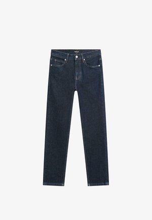 Ciemnoniebieskie dżinsy o prostym kroju, wyposażone w przednie kieszenie, zamek błyskawiczny i kontrastowe przeszycia. Klasyczny styl pięciu kieszeni.