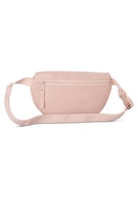 Marsupio in tessuto rosa chiaro con tasca zippata, cinturino regolabile e texture liscia. Presenta un design minimalista e nessuna ferramenta visibile.