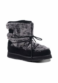 Schwarze und graue, flauschige Knöchelstiefel mit Wildlederbasis, Schnürverschluss und runder Zehenpartie. Texturiertes Obermaterial mit einem kuscheligen, weichen Finish.