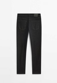 Schwarze Jeans mit geradem Bein, von hinten gezeigt, mit zwei Gesäßtaschen und einem Lederetikett der Marke am Bund.