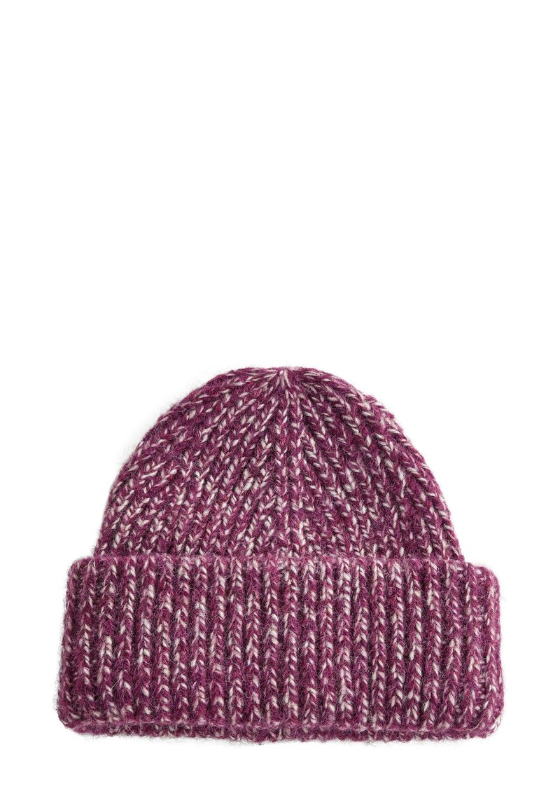 Pletená čiapka v burgundskej a krémovej farbe, so žebrovaným manžetovým okrajom a textúrovaným vzorom, vyrobená z vlnenej zmesi.