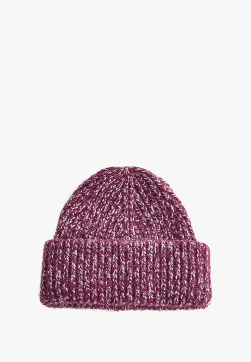Pletená čiapka v burgundskej a krémovej farbe, so žebrovaným manžetovým okrajom a textúrovaným vzorom, vyrobená z vlnenej zmesi.