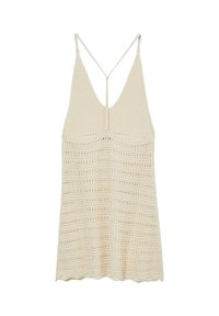 Débardeur tricoté beige clair avec un col en V, des bretelles fines et un motif texturé avec des rayures horizontales et des mailles ouvertes.