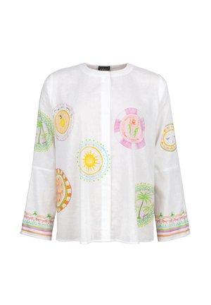 Weißes Leinenhemd mit bunten, runden Mustern, die Sonne, Palmen und dekorative Ränder enthalten. Es hat einen runden Halsausschnitt und einen Knopfverschluss.