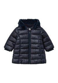 Marineblauer Puffer-Jacke mit einer mit Kunstfell gefütterten Kapuze, Reißverschluss, kurzärmlig und gestepptem Design für Wärme und Komfort.