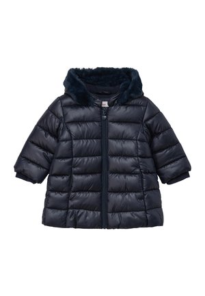 Veste matelassée marine avec une capuche doublée en fausse fourrure, fermeture éclair, manches courtes et un design matelassé pour la chaleur et le confort.