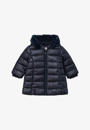 Marine blauwe pufferjas met een nepbont gevoerde capuchon, ritssluiting, korte mouwen en een doorgestikte design voor warmte en comfort.