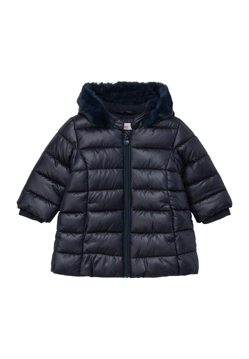 Marineblauer Puffer-Jacke mit einer mit Kunstfell gefütterten Kapuze, Reißverschluss, kurzärmlig und gestepptem Design für Wärme und Komfort.